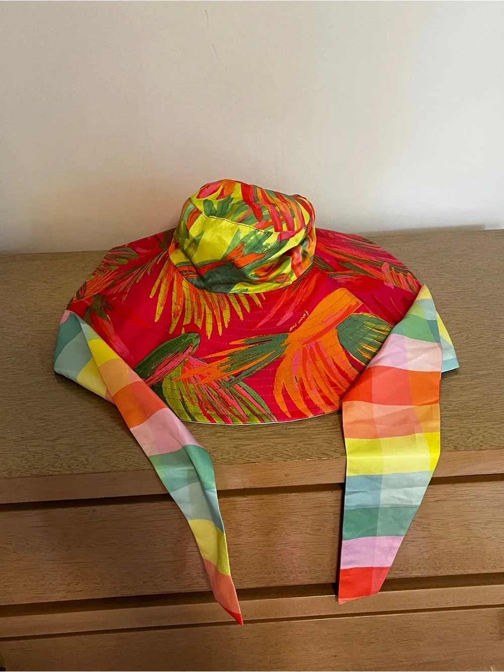 Farm Rio Tropical Garden Sun Hat OS Multi Lime Painted Birds Striped Wide Brim
